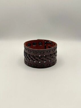Dark Brown Wide Leather Cuff Bracelet Braided Adjustable Snap Boho Wristband
